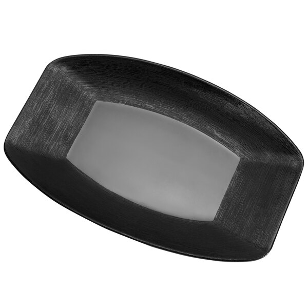 A black rectangular melamine tray with a white center and black rim.