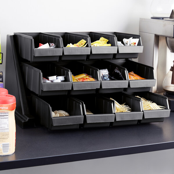 Cambro 12RS12110 Versa Black Self Serve 3-Tier Condiment Stand with 12" Bins