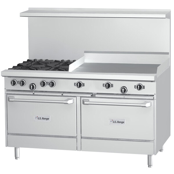A large stainless steel U.S. Range with 4 burners, a griddle, and a cabinet base.