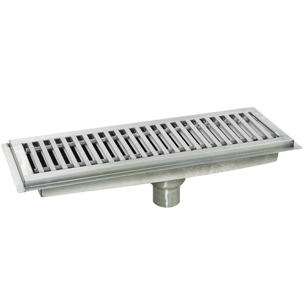 A stainless steel Eagle Group floor trough with a metal drain cover.