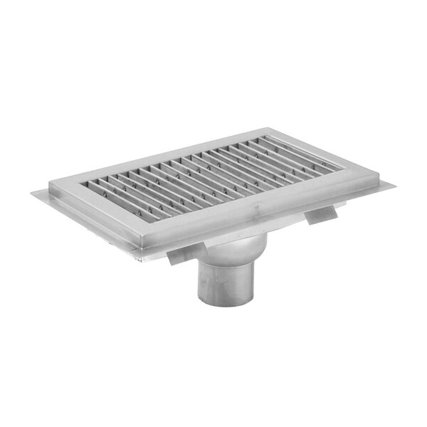 A stainless steel Eagle Group floor trough drain with metal grating.