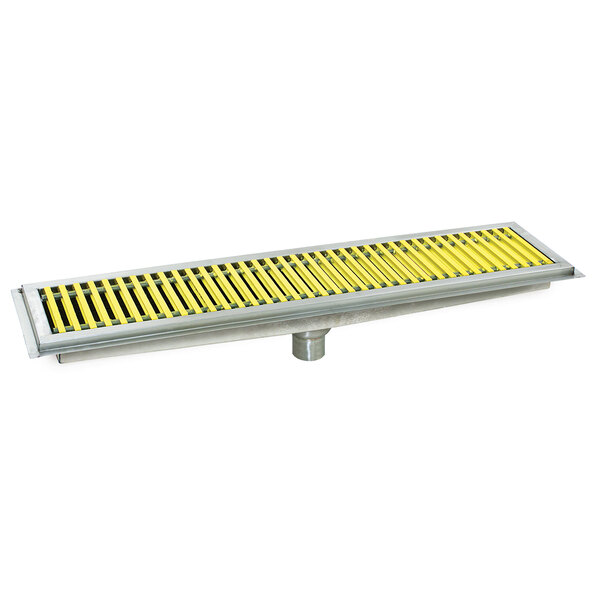 A yellow and silver metal grate with yellow stripes.