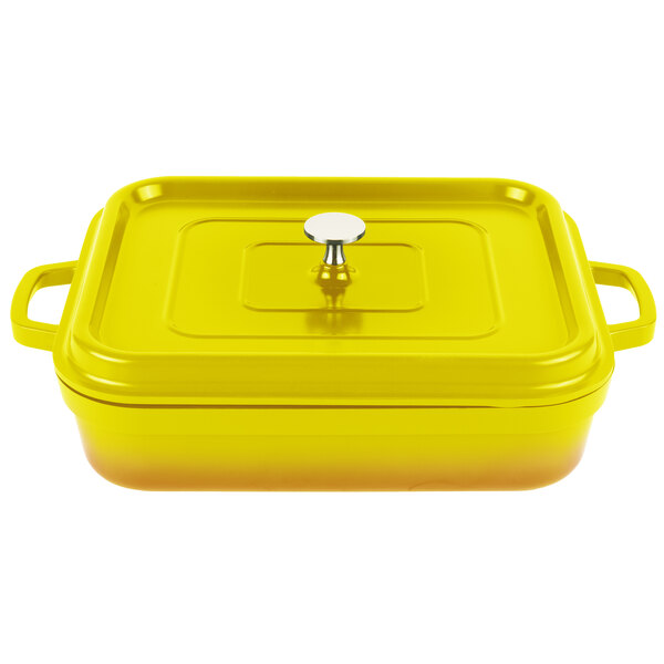 A yellow rectangular roasting pan with a lid.