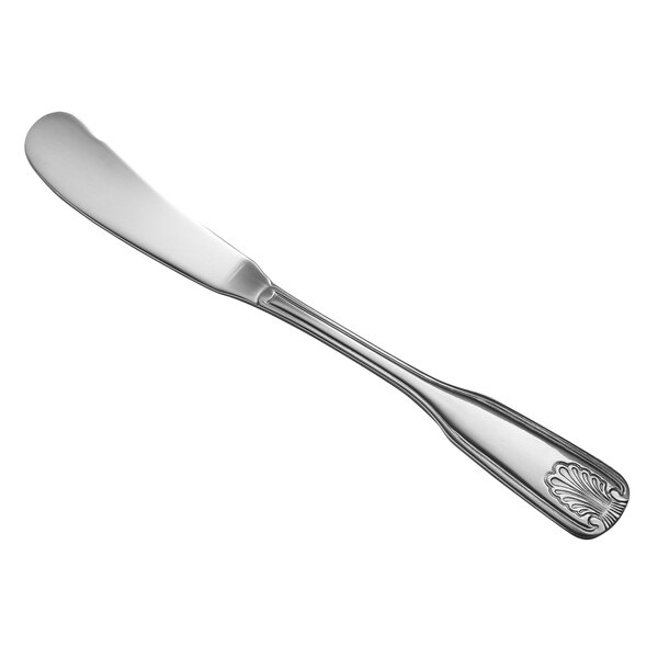 A Libbey stainless steel butter spreader with a coral design on the handle.