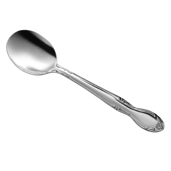 A Libbey stainless steel bouillon spoon with a handle on a white background.