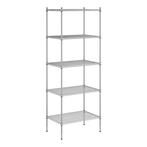 A chrome wire shelving unit with five shelves.