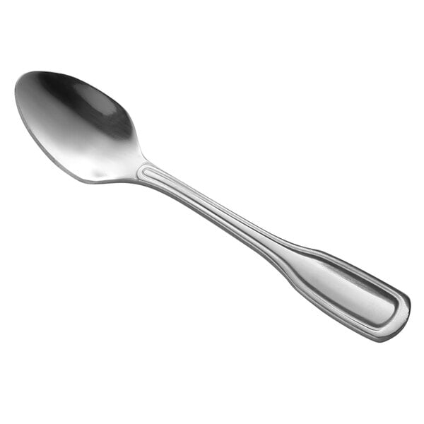 A Libbey Wellington stainless steel demitasse spoon with a silver handle and spoon.