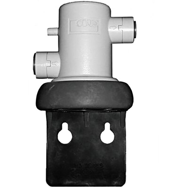 A white and black 3M water filter head with two pipes and a shut-off valve.