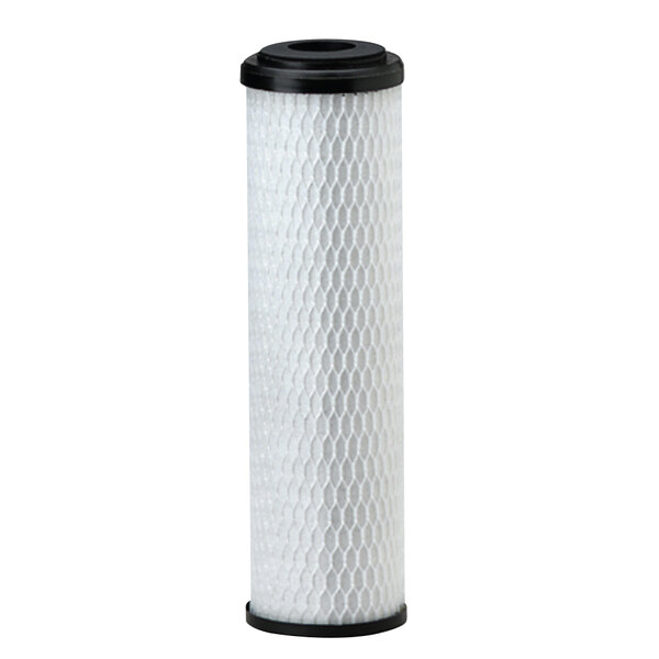 A close-up of a white and black Everpure water filter cartridge.
