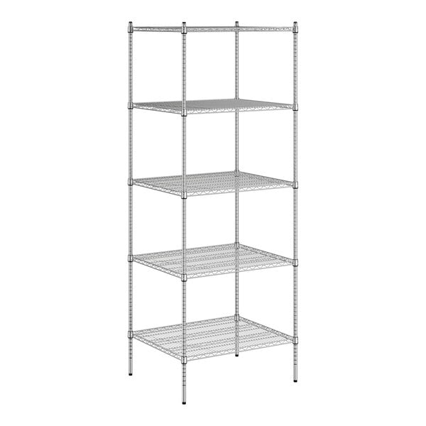 A wireframe of a Regency chrome wire shelving unit with four shelves.