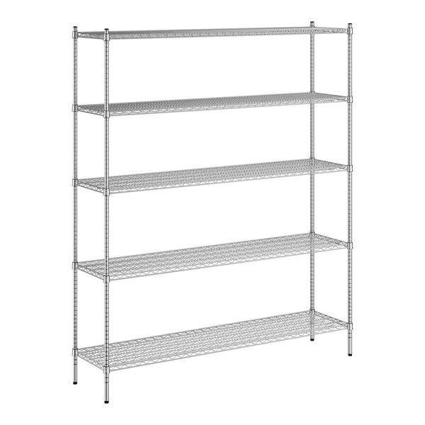 A stainless steel wire shelving unit with five shelves.