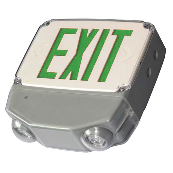 Lavex Industrial Single Face Wet Location White LED Exit Sign / Emergency Light Combination with Green Lettering and Battery Backup