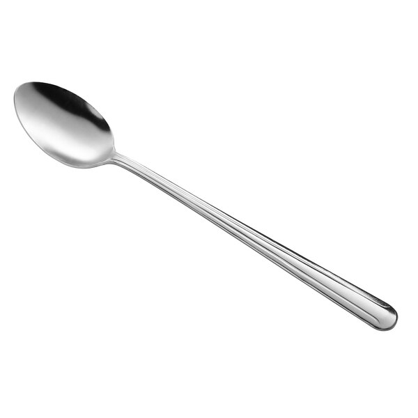 A Libbey Dominion stainless steel iced tea spoon with a silver handle on a white background.