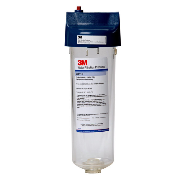 A 3M water filter prefilter canister with a transparent sump and blue cap.