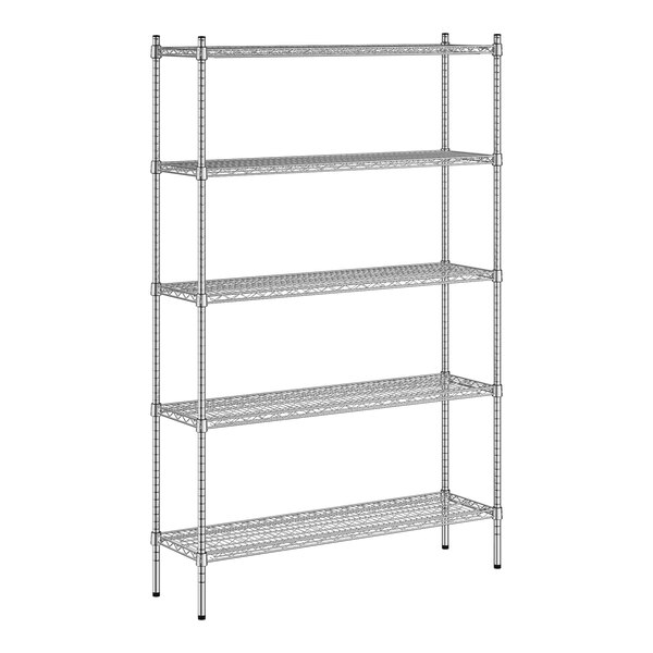 A wireframe of a Regency stainless steel wire shelving unit with 5 shelves.