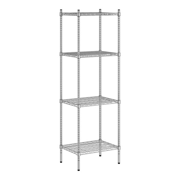 A stainless steel wire shelving unit with four metal shelves.