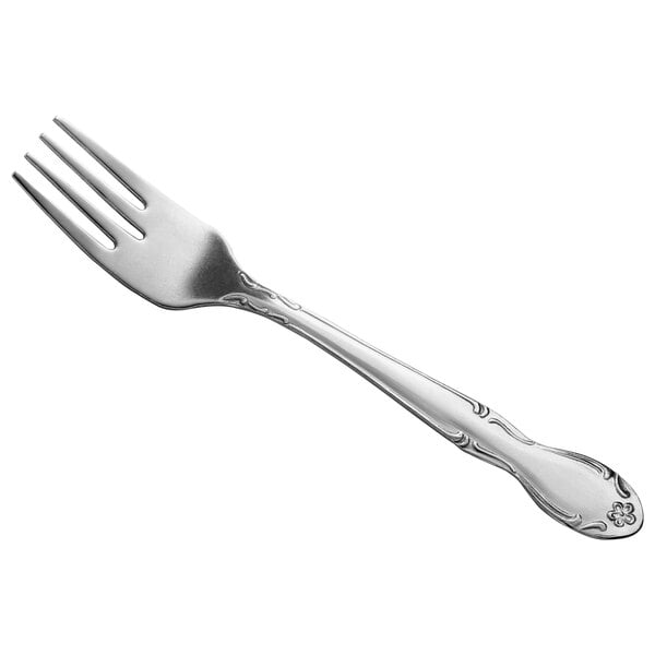A Libbey stainless steel salad fork with a silver handle and design.