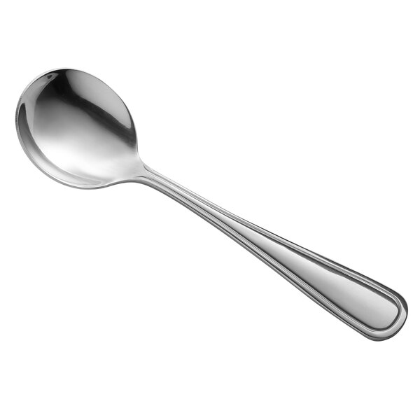 A Libbey stainless steel round bowl soup spoon with a silver handle.