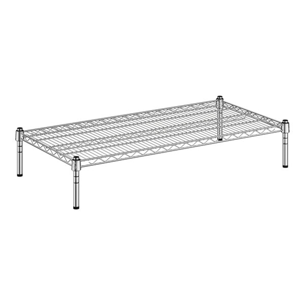 A wireframe metal Regency dunnage shelf with two shelves on it.