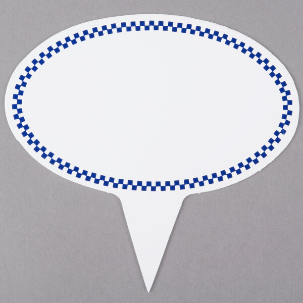 A white sign with a blue checkered border on a white oval spear.