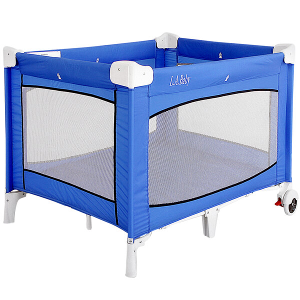 A blue L.A. Baby portable playard with wheels and mesh.