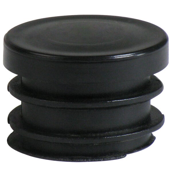 A black plastic plug with a round cap on a metal ring.