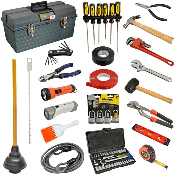 A 22 piece tool box set filled with tools including pliers, a flashlight, and a wrench.