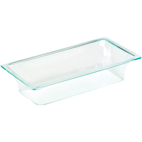 A clear rectangular glass container with a handle.