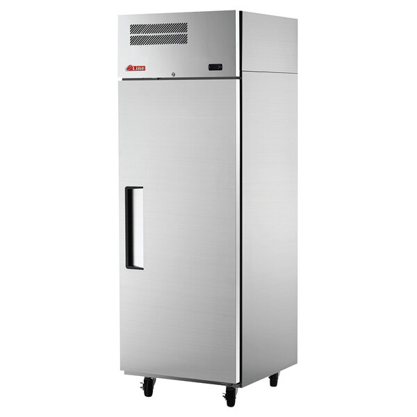 A silver Turbo Air E-Line reach-in freezer with a closed door.