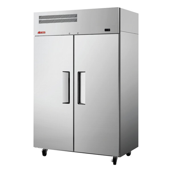 A large silver Turbo Air reach-in freezer with two stainless steel doors.