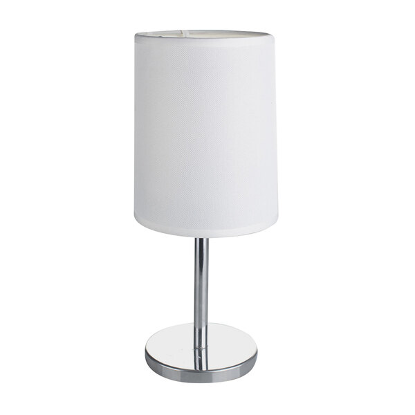 A white lamp shade on a silver metal base.