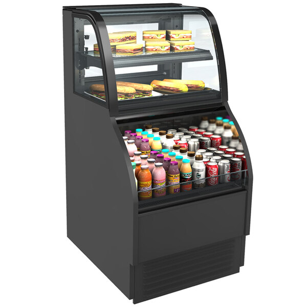 A black refrigerated dual service merchandiser case with food and drinks on display.