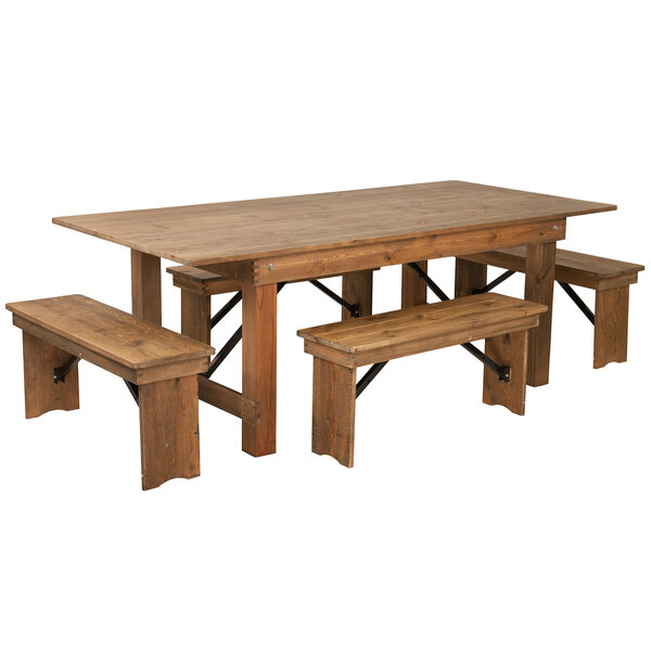 A Flash Furniture rustic wooden table and benches.