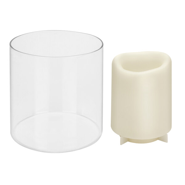 A clear glass cylinder with a white plastic top containing a white Sterno Allure candle.