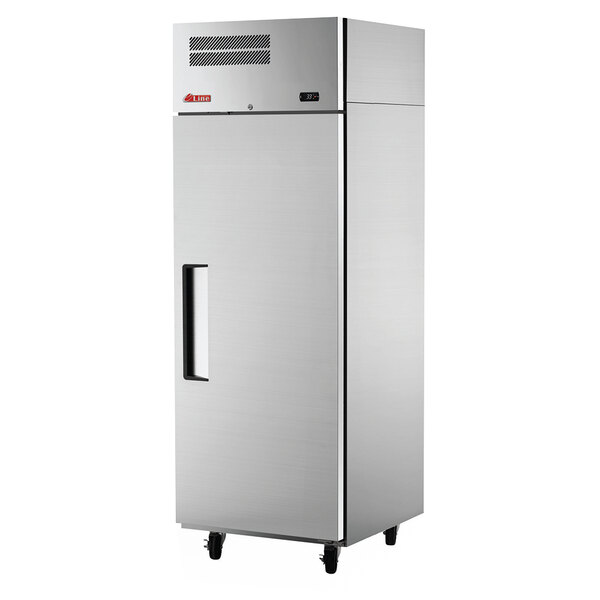 A large silver Turbo Air ER19-1-N6-V E-Line solid door reach-in refrigerator on wheels.