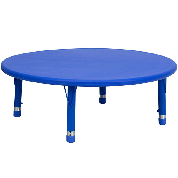 A blue Flash Furniture round table with legs.