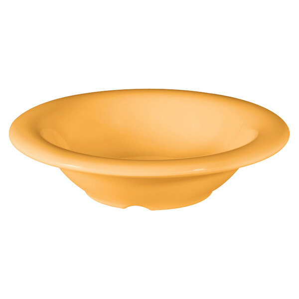 A white melamine bowl with a yellow rim.