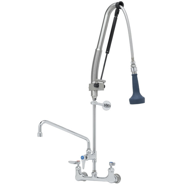 T&S B-0133-12-CRB8P 38 7/16" High Wall Mounted DuraPull Pre-Rinse Faucet 8" Adjustable Centers, 30" Hose, 1.07 GPM Spray Valve, 12" Add-On Faucet, and Wall Bracket