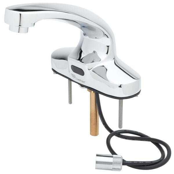 A T&S hands-free electronic faucet with a chrome finish and a cord.
