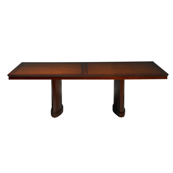 A Safco cherry rectangular conference table with two legs.