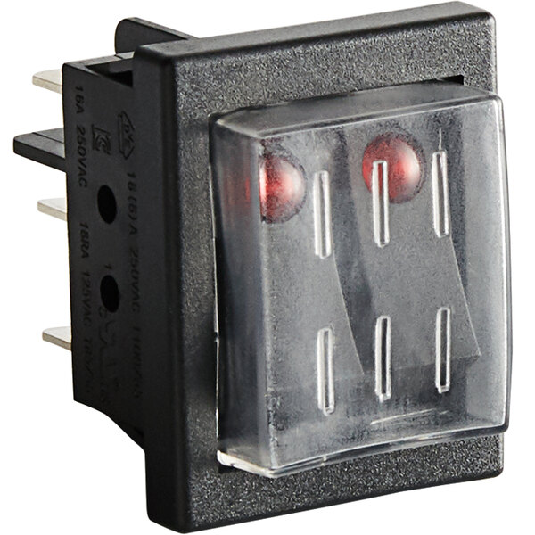 An Avantco Equipment black square electrical device with a clear plastic cover and red lights.