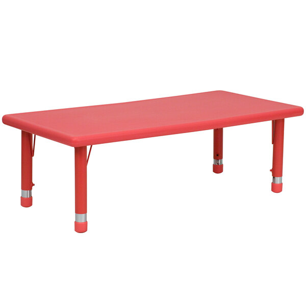 A red rectangular Flash Furniture kids table with metal legs.