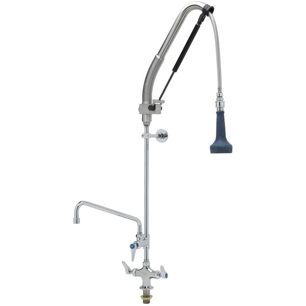 T&S B-0113-12-CRB8P 47 1/8" High Deck Mounted DuraPull Pre-Rinse Faucet with Flex Inlets, 30" Hose, 1.07 GPM Spray Valve, 12" Add-On Faucet, and Wall Bracket
