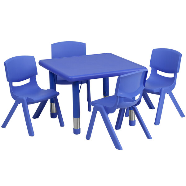 A blue plastic table and chairs set.