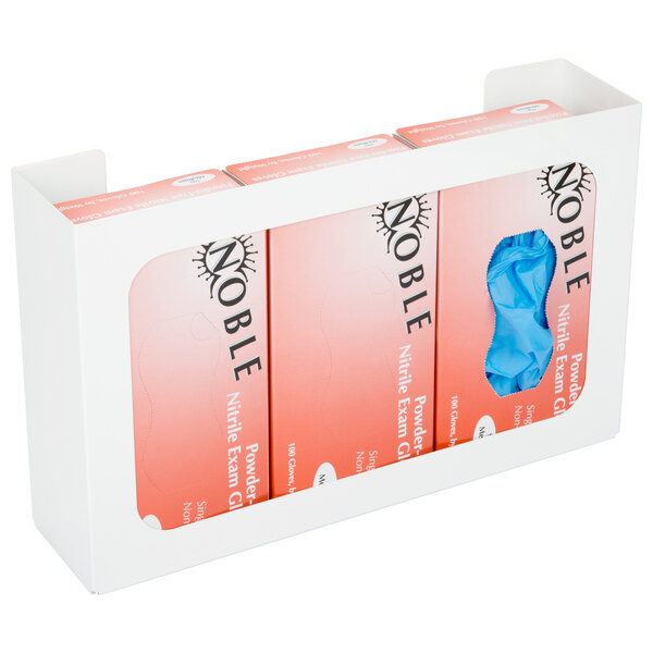 A white San Jamar disposable glove dispenser with a box of gloves inside.