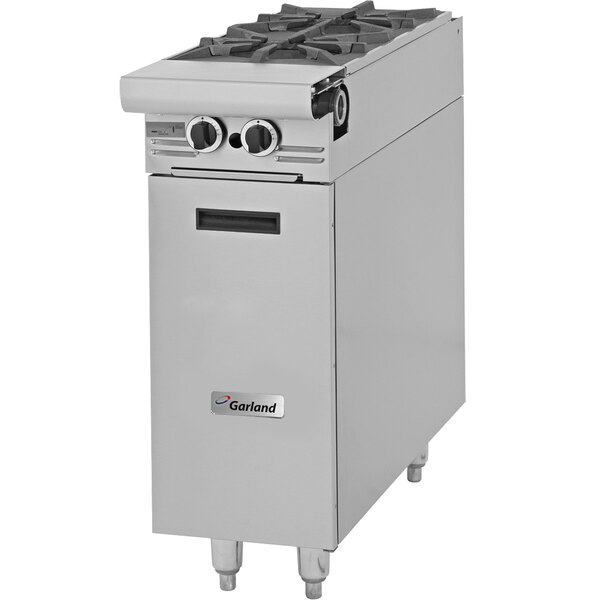 A stainless steel Garland Master Sentry natural gas range attachment with two burners.