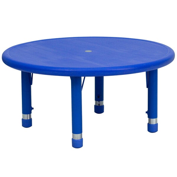 A blue Flash Furniture plastic round table with legs.