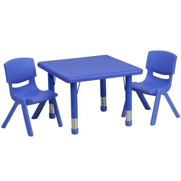 A blue plastic square table with two blue chairs.