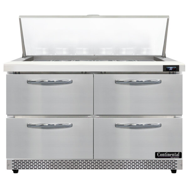 A stainless steel Continental Refrigerator Mighty Top refrigerated prep table with 4 drawers.
