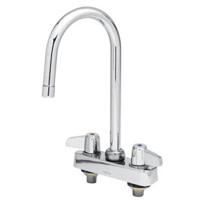 A chrome Equip by T&S deck-mounted faucet with two lever handles and a gooseneck spout on a counter.